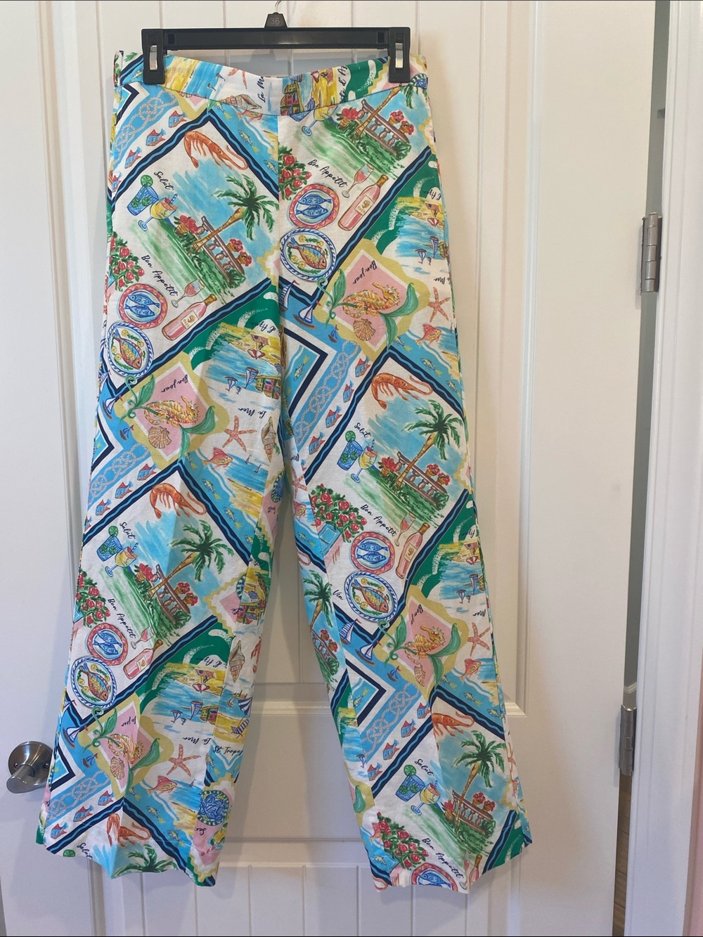 Talbots Wide-Leg Tropical Print Pants in White, Blue, Green